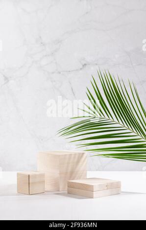 Podiums beige en bois avec feuille de palmier verte dans un intérieur blanc clair et doux avec mur en marbre pour l'exposition et la présentation des produits, cosmétiques, vertical. Banque D'Images