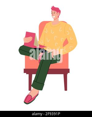 L'homme est assis sur une chaise et travaille ou communique à distance depuis sa maison sur une tablette, illustration vectorielle plate isolée sur blanc. Caractère pour fre Illustration de Vecteur