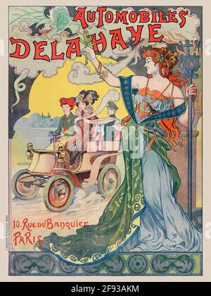 Affiche publicitaire vintage restaurée. Automobiles Delahaye 10 rue du Banquier Paris. Artiste inconnu. Affiche publiée en 1898 en France. Banque D'Images