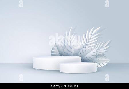 Scène blanche minimaliste avec formes géométriques et feuilles de palmier. Podium cylindrique sur fond jaune. Etape 3D pour l'affichage d'un produit cosmétique Illustration de Vecteur