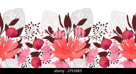 Motif fleuri vectoriel sans couture, bordure. Rose, fleurs rouges, bourgeons, feuilles brunes Illustration de Vecteur