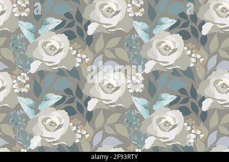 Motif fleuri vectoriel sans coutures. Roses délicates, feuilles bleues isolées sur fond marron. Illustration de Vecteur