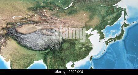 Carte physique de l'Asie de l'est, Chine, avec détails haute résolution. Vue satellite aplatie de la planète Terre - éléments fournis par la NASA Banque D'Images
