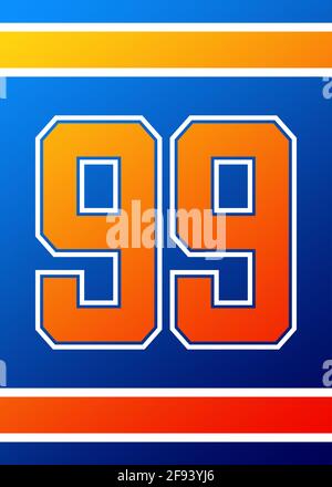 Panneau en jersey de sport brillant numéro 99 bleu et orange Banque D'Images