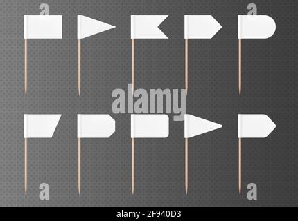 Drapeaux blancs de cure-dents isolés sur un fond transparent. Drapeau vierge sur un bâton de bois. Illustration de Vecteur