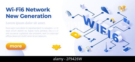 Wi-Fi 6 télécommunications Nouvelle génération réseau connectivité en réseau - Isométrique conception dans des couleurs tendance icônes isométriques sur fond bleu. Modèle de mise en page de bannière pour le développement de sites Web Illustration de Vecteur