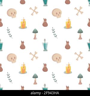 Motif sorcière sans couture avec éléments mystiques ésotériques. Fourniture de sorcellerie - champignons, os croisés, crâne, sac et bougie, branche Illustration de Vecteur