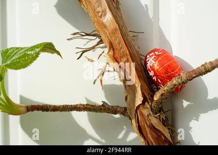 Petits oeufs rouges de Pâques cachés dans un jardin de printemps prêt à être trouvé. Œufs de chocolat recouverts de feuilles de couleur vive perchés dans les plantes autour du jardin. Banque D'Images