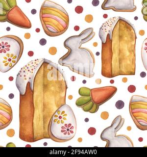 Motif aquarelle peint à la main avec éléments Happy Easter. Produits de Pâques cuits au four, pain d'épice et pois. Idéal pour emballer le papier Banque D'Images