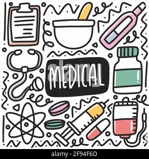 ensemble de doodle d'équipement médical dessiné à la main Illustration de Vecteur
