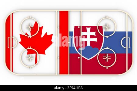 Le Canada contre la Slovaquie. Compétition de hockey sur glace 2016. Drapeaux nationaux sur le terrain de jeu. Rendu 3D Banque D'Images