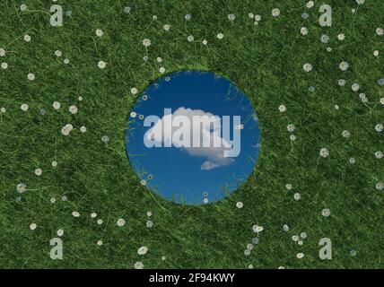 rendu 3d d'un miroir circulaire reflétant un seul nuage blanc et entouré de pâquerettes blanches. Concept de pose plate de style nature Banque D'Images