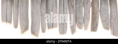 Bannière de bois de Driftwood. Rangée de accrocs de mer ensemble isolé sur fond blanc.fond marin nature. Ensemble de bois flotté gris marin.décor de style nautique. mer Banque D'Images