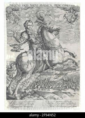 Friedrich Heinrich, prince d'Orania, comte von Nassau, seize ans deuxième général sectoriel (sous la supervision de son frère aîné Moritz) dans la bataille de Nieuwpoort (2 juillet 1600) à la colline dans la circonscription de premier plan: Figure pleine, tête moitié de la droite, corps et cheval latéralement à partir de la droite; BARHAUPT; avec le criminel de cou; dans le harnais de la hanche, savoir le pantalon, les jambes; les mains juste, avec le côté droit du commandostique à la hanche soutenu, les reins à gauche; le cheval, avec la protection de tête renforcée de piqûre, avec les jambes soulevées avant pour les sauts; dans le fond du m Banque D'Images