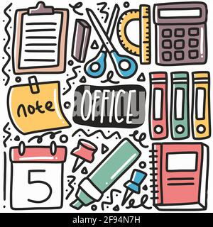 ensemble de doodle d'équipement de bureau dessiné à la main Illustration de Vecteur
