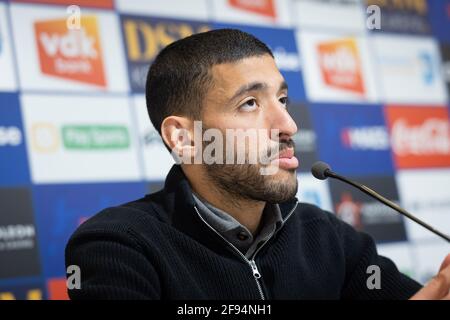 Tarik Tissoudali de Gent photographié lors d'une conférence de presse de l'équipe belge de football KAA Gent, vendredi 16 avril 2021 à Gent, avant leur prochain match de la Banque D'Images