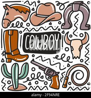 ensemble de doodle d'équipement de cow-boy dessiné à la main Illustration de Vecteur