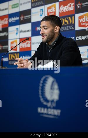 Tarik Tissoudali de Gent photographié lors d'une conférence de presse de l'équipe belge de football KAA Gent, vendredi 16 avril 2021 à Gent, avant leur prochain match de la Banque D'Images