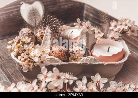 Bougies en coquilles d'aubergines, œufs de caille et branches de pommier en fleur blanche sur un plateau en bois comme décoration de Pâques naturelle Banque D'Images