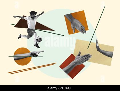 Collage d'art contemporain, design moderne. Esthétique des mains. Couleurs tendance. Banque D'Images