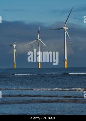 Redcar UK, décembre 2018 - l'espoir de Redcar pour l'avenir, un grand parc éolien proche de la côte à énergie verte - la prochaine étape de l'histoire industrielle de la région Banque D'Images