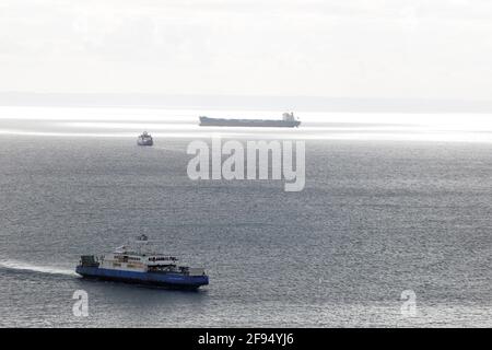 salvador, bahia, brésil - 19 janvier 2019: Vue aérienne de Baia de Todos os Santos à Salvador, d'où vous pouvez voir le ferry Juracy Magalhaes Banque D'Images