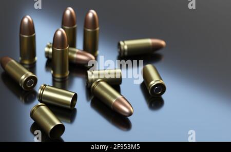 Cartouches de pistolet de calibre 9 mm sur fond gris. illustration 3d. Banque D'Images