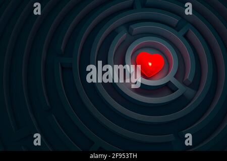 Cœur rouge dans le labyrinthe sombre, rendu 3d. Banque D'Images
