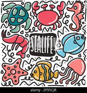 ensemble de doodle de la vie marine dessiné à la main Illustration de Vecteur