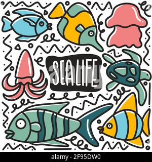 ensemble de doodle de la vie marine dessiné à la main Illustration de Vecteur
