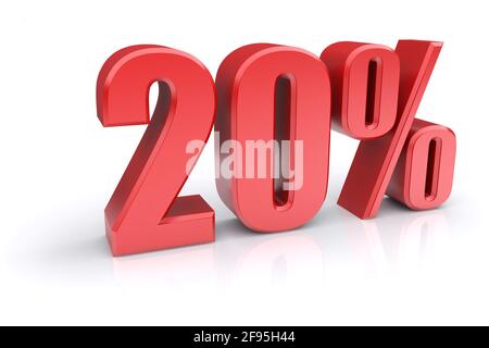 Icône rouge de taux de pourcentage de 20 % sur fond blanc. image de rendu 3d Banque D'Images
