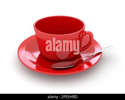 Tasse à café rouge et soucoupe avec cuillère sur fond blanc. image de rendu 3d Banque D'Images
