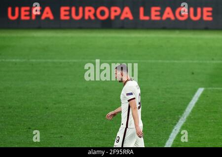 Edin Dzeko de Roma après son but de 1-1 lors de l'UEFA Europa League, quart de finale, 2ème match de football de jambe entre AS Roma et AFC Ajax le 15 avril 2021 au Stadio Olimpico à Rome, Italie - photo Federico Proietti / DPPI Banque D'Images