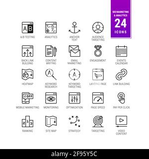 Icônes d'optimisation SEO. Jeu de 24 symboles. Peut être utilisé pour des sujets tels que les analyses, la conversion, Internet, les services Web de marketing - évolutif - vecteur Illustration de Vecteur