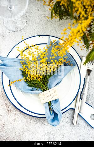 Fleurs de printemps mimosa et table Banque D'Images
