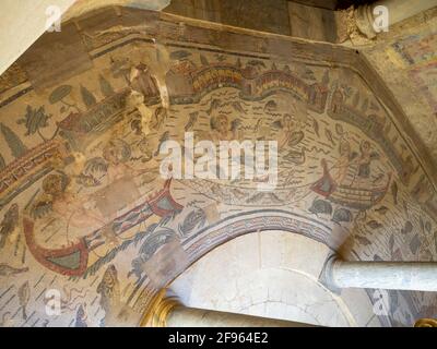 Mosaïque de l'Atrium des Cupids de pêche, Villa Romana del Casale Banque D'Images