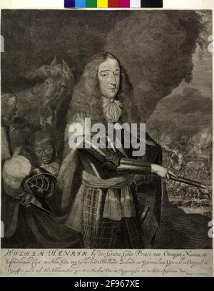 Guillaume III., prince d'Orania, roi d'Angleterre à l'âge de 23 ans [cf Wurzbach, NDL. Kü-Lex. I, p.719] en tant que commandant en chef au premier plan d'une lutte pour l'attachement: Course rapide au genou debout, à moitié à droite, avec Allonhaar; À Harnisch avec une chaussure à visière, une bandoulière, un bandage en fibre autour de la taille, un manteau dos hermelin-locked, qui est tenu avec son casque à ressort d'un garçon Azfrican noir debout derrière lui; derrière lui, un serviteur avec son cheval; Le tout sous un levé au sol, qui libère la vue de la scène de combat juste; dans ses troupes de premier plan au cou par l'eau Banque D'Images