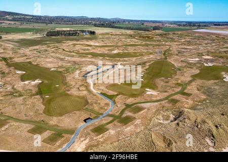 Vue aérienne des parcours de golf de Dumbarnie, Leven, Fife, Écosse. Banque D'Images