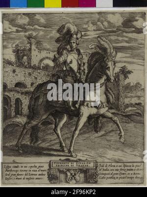 Philibert von Chalon, prince d'Oranien, figure entière à cheval, en face de gauche, côté droit du corps; comme un victorieux, en face de la ruine dans la nature du Colisée romain à cheval arrivée à Harnisch avec crochet de mise en place, piquant sur l'aisselle; Autruche plumes sur le casque et la tête de son cheval; Someways de retour sur les commandes basées sur la droite sur la cuisse droite; Downstead dans une cartouche sa bande de couture italienne sur son manteau de bras; sur les deux côtés une colonne de quatre lignes de versets italiens. Gravure en cuivre. Sans désignation. Banque D'Images