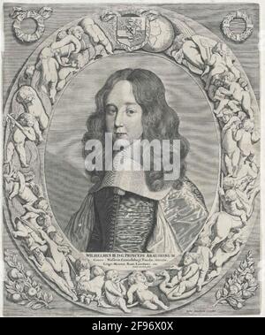 Wilhelm III., prince d'Orania, roi d'Angleterre comme garçon à l'âge d'environ dix ans: Demi-figure, moitié à partir de la gauche; avec Allonhaar; large, haut-col avec deux glands de fermeture sur les fesses serrées avec de larges fentes de manche; dans le sous-segment du latin portraitoval à trois lignes. Légende et désignation de la stecher; le cadre ovale occupe avec beaucoup de génie lors du calcul des activités de l'enfant, avec ses armoiries; dans le coin extérieur des crépies au-dessus de deux couronnes de Laurier, la gauche avec boucle de ruban; en bas deux fruits portant des branches orange; la plupart latin droit. Note de l'éditeur. Gravure en cuivre Banque D'Images