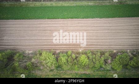 Vue de haut en bas des champs agricoles labourés photographiés avec un drone Banque D'Images