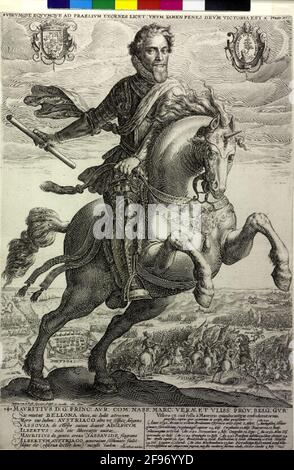 Moritz, Prince d'Orania, Comte de Nassau en tant que général victorieux de la bataille de Nieuwpoort (2 juillet 1600) à la colline au premier plan équitation: Figure pleine, moitié de la droite; BARHAUPT, avec lèvre supérieure, spatule mentonnière; crime de cou de dentelle; Dans Harnic; les bandages de champ couchés autour de l'épaule gauche dans le dos; les mains seulement, en tenant la tige de commande à droite après le côté, les reines dans la droite-à-travers à gauche; le cheval, avec protection de tête renforcée par piqûre, avec les jambes avant surélevées pour les sauts; Dans le contexte de la marche des Hollandais. Les troupes et leur combat avec l'armée espagnole; en haut Banque D'Images