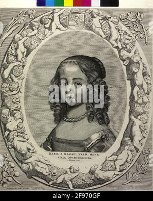 Maria, princesse d'Orania, comtesse de Nassau comme enfant: Image de poitrine, à moitié gauche; avec des boucles latérales, une couronne de cheveux à l'arrière, collier de perles; dans une robe sans épaule; aux poignets bijoux avec quatre perles chacun; dans le sous-segment du portrait du portrait d'un Lat à deux lignes. Légende et nom du peintre. Gravure ovale en cuivre (par Jan Brouwer) après peinture par Gerrit van Honthorst, mise en œuvre dans un cadre ovale, occupé avec le génie imbriqué dans le fil des fruits, au-dessus avec les armoiries Orania-Nassau; dans l'extension rectangulaire quatre branches décoratives-symbole-floraison, au fond Banque D'Images