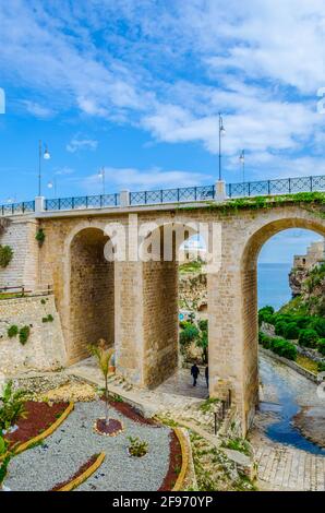 Vue sur un célèbre pont de la ville italienne de Polignano Une Mare Banque D'Images