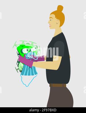 Les gens sont fatigués du coronavirus et des masques. 'Portez votre masque vous-même !' - dit la femme au virus. Illustration de Vecteur