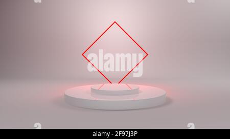 Podium 3D blanc avec néon rouge pour la présentation des emballages. Affichage du produit avec des textures en plastique blanc. illustration 3d. Banque D'Images