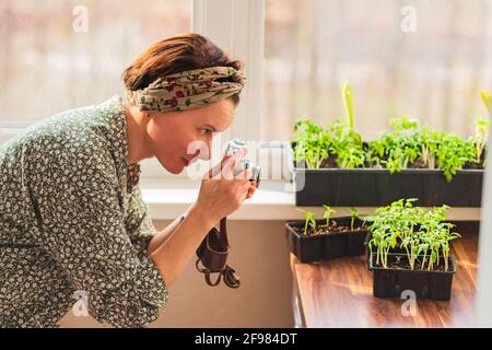 Une femme prend des photos avec un appareil photo rétro des plantes qu'elle a grandi dans son jardin à la maison pour son blog. Banque D'Images