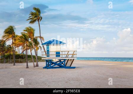 Paysage de plage vide de Floride avec palmiers et maître nageur bleu maison Banque D'Images