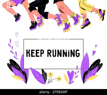 Gardez le concept de bannière de course à pied ou d'affiche avec les jambes des coureurs dans les chaussures de sport et les baskets, dessin animé vectoriel. Course à la compétition ou après-marathon Illustration de Vecteur