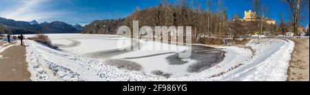 Panorama, Alpsee gelé avec le château royal Hohenschwangau en hiver, Schwangau, Füssen, Alpes Allgäu, Allgäu, Bavière, Allemagne, Europe Banque D'Images